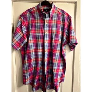 Ralph Lauren Mens Classic Fit Short Sleeve Plaid Button Down Shirt Pink Medium